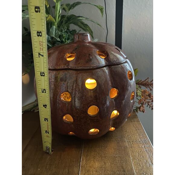 Vintage Pumpkin Flameless Ceramic Illuminations Luminary Pumpkin Rust Metallic - Picture 4 of 10